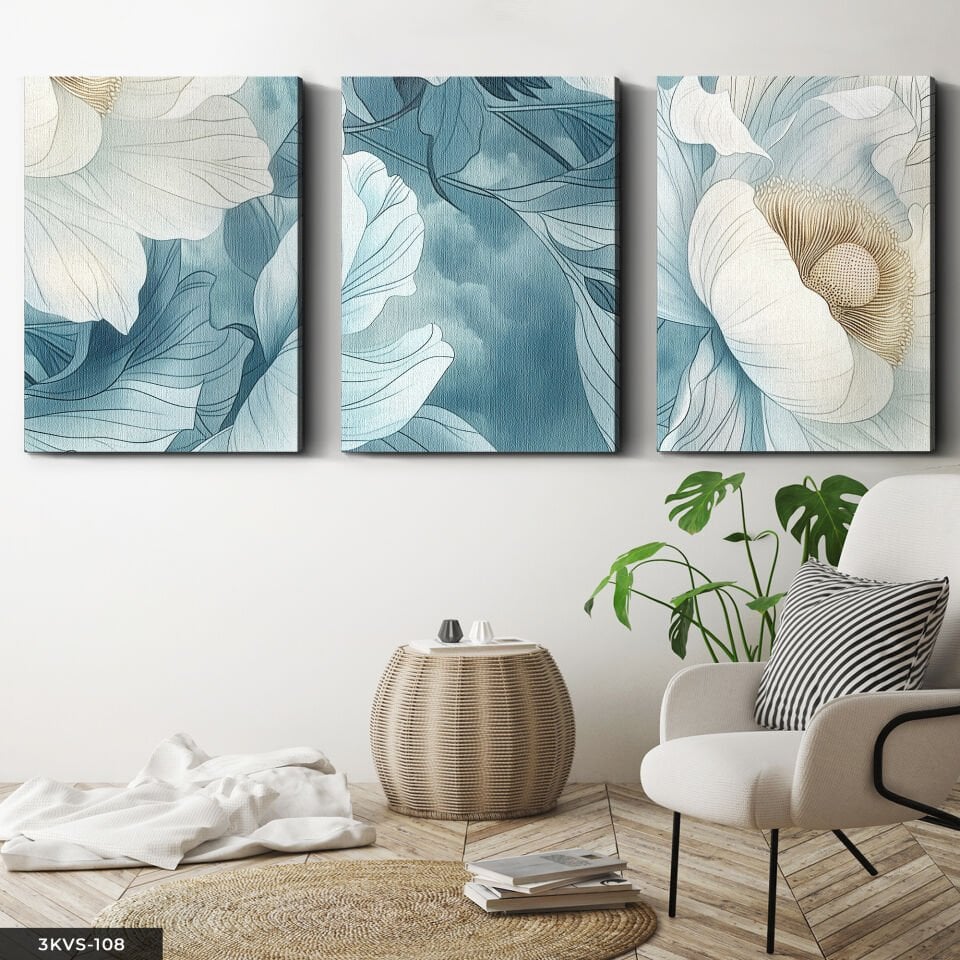 Mavi Zeminde Beyaz Çiçek 3 Parça Kanvas - Canvas Tablo 40 x 30 CM