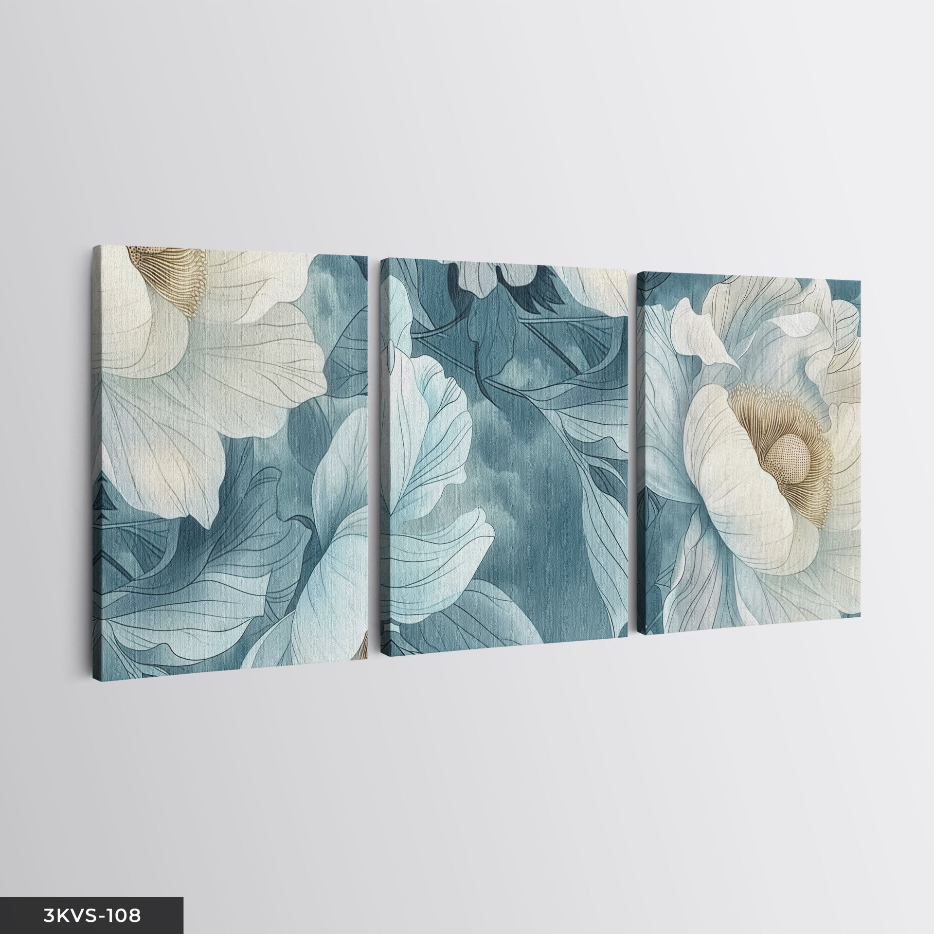 Mavi Zeminde Beyaz Çiçek 3 Parça Kanvas - Canvas Tablo 40 x 30 CM