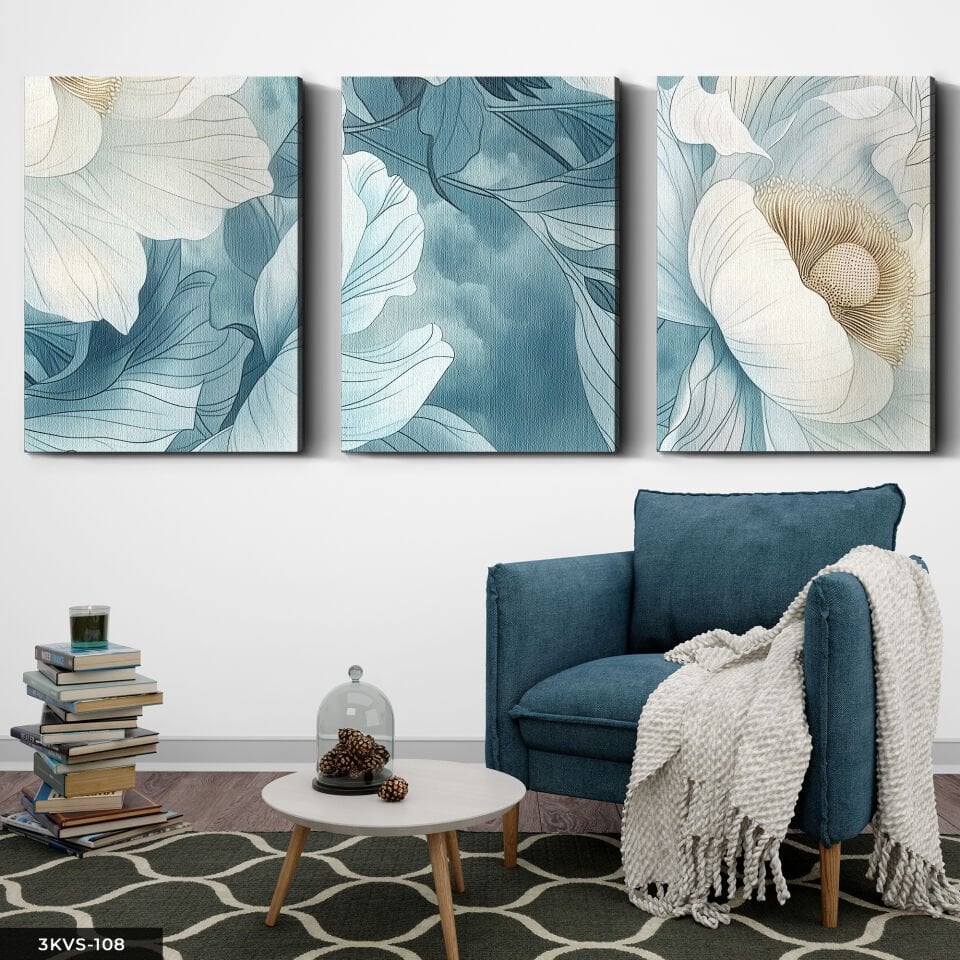 Mavi Zeminde Beyaz Çiçek 3 Parça Kanvas - Canvas Tablo 40 x 30 CM
