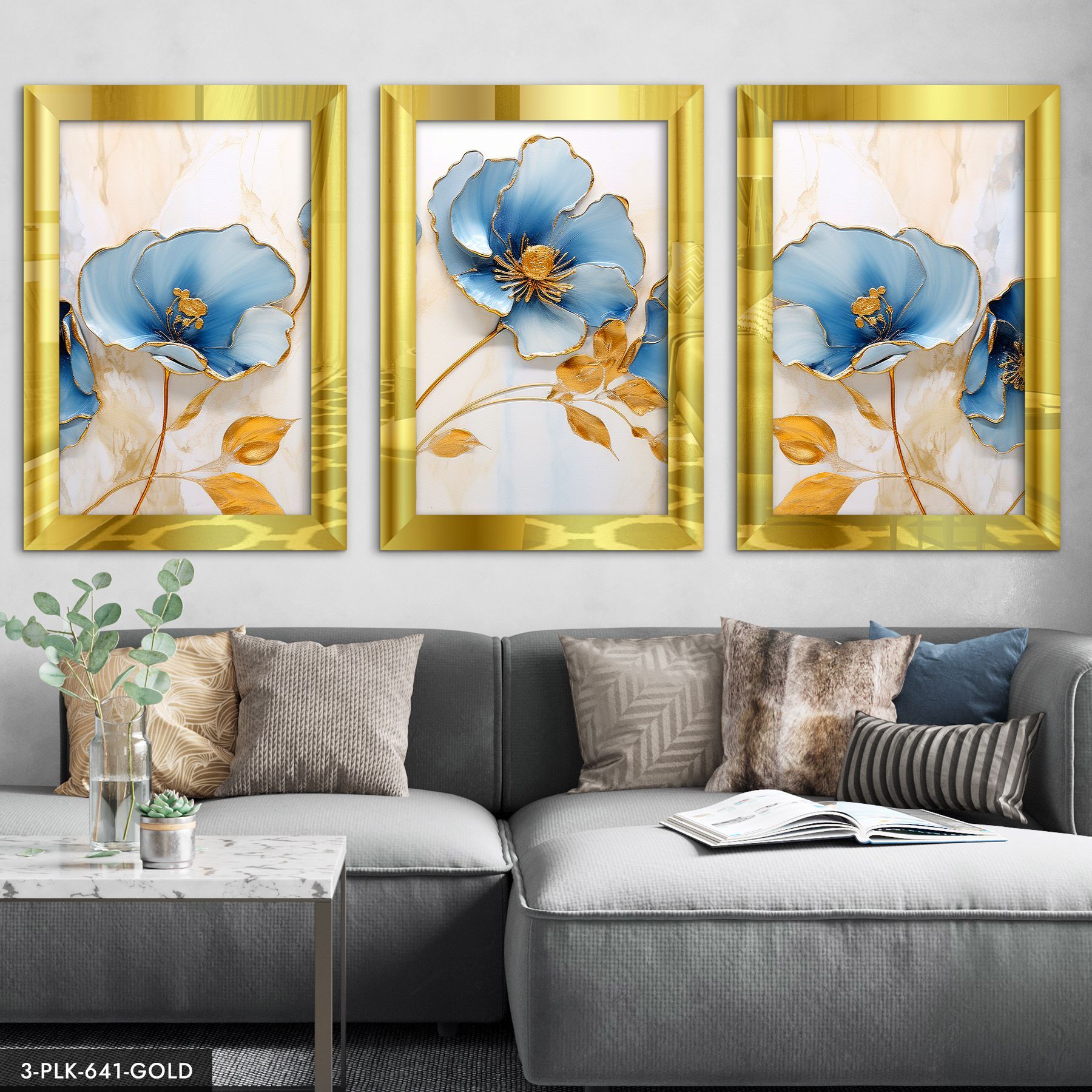 Mavi Çiçek 3 Parça Pleksi Aynalı Tablo 40 x 60 CM - Gold