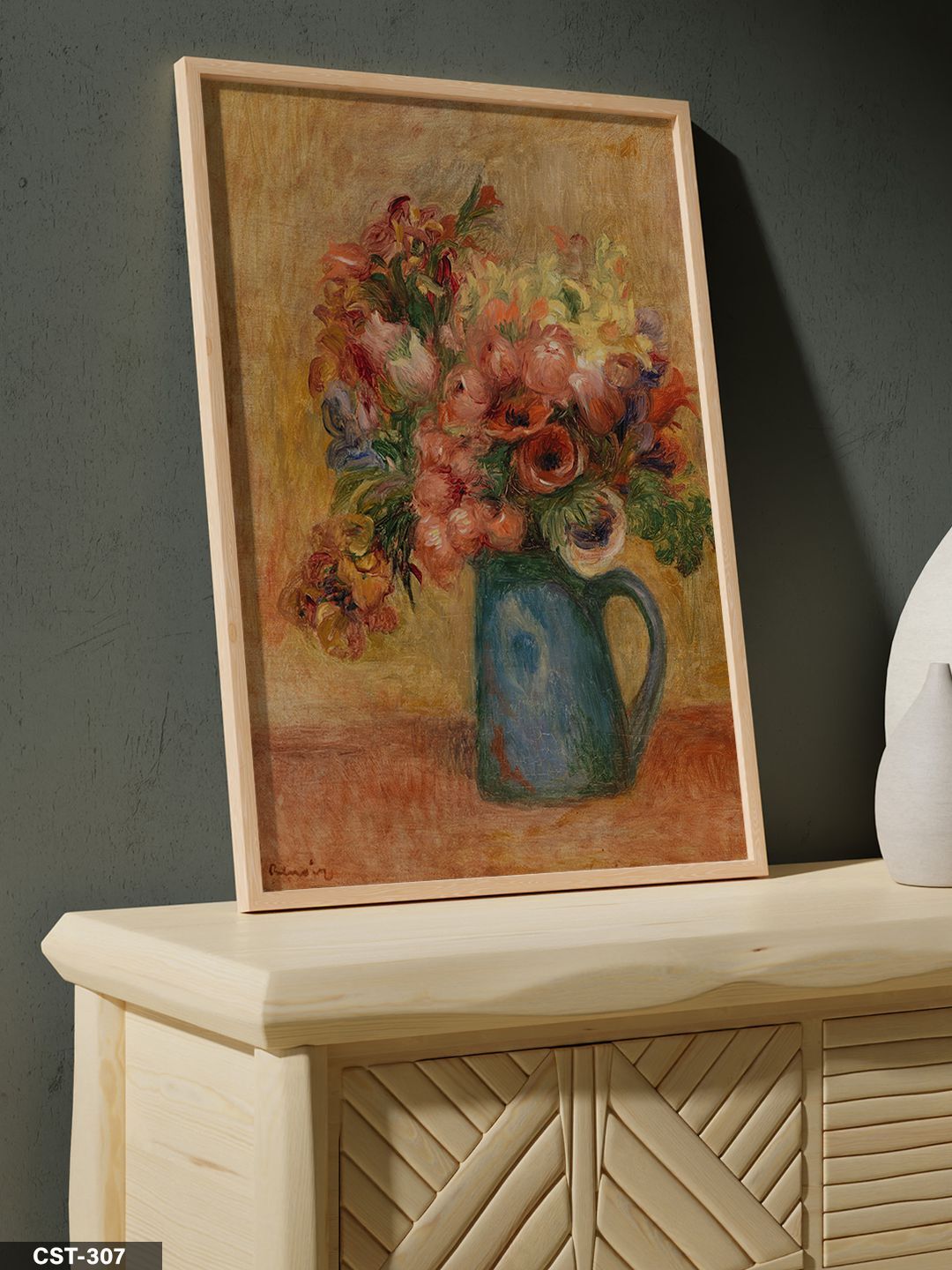 Pierre Auguste Renoir Vazoda Çiçekler Tek Parça Ahşap Çerçeveli Tablo Naturel - 50 x 70 CM