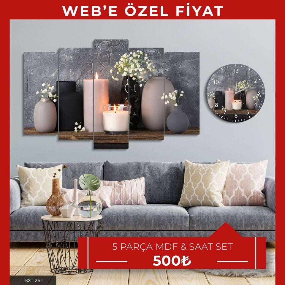 Vazoda Çiçekler Mum 5 Parça Mdf Tablo Saat Set | WEB'E ÖZEL FİYAT