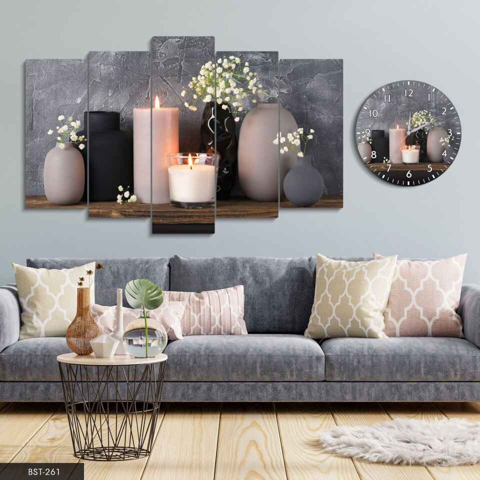 Vazoda Çiçekler Mum 5 Parça Mdf Tablo Saat Set | WEB'E ÖZEL FİYAT