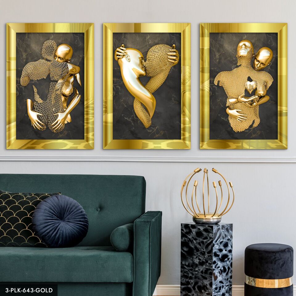 Aşk Temalı Sanatsal Heykel 3 Parça Pleksi Aynalı Tablo 40 x 60 CM - Gold