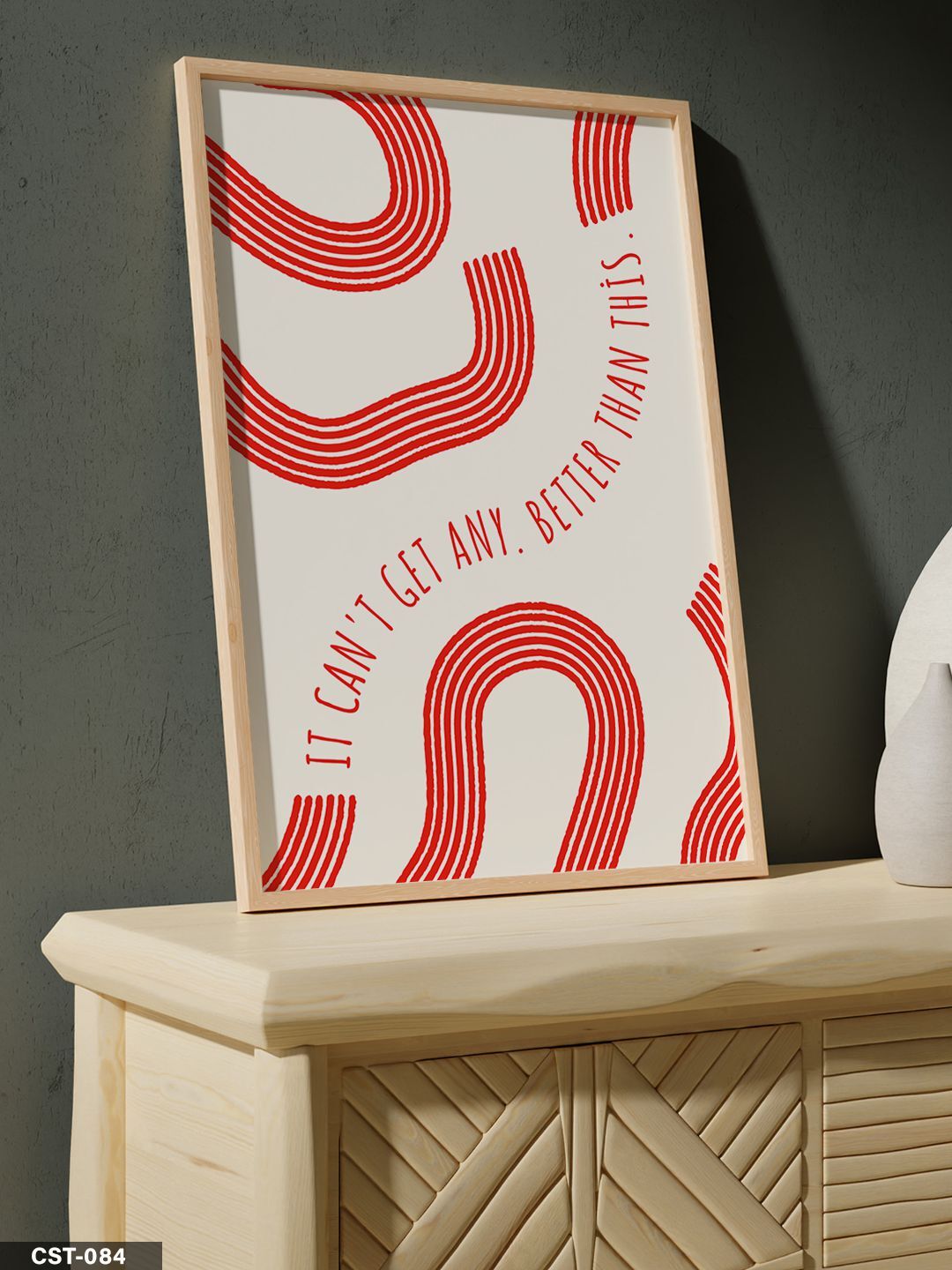 Kırmızı Dalgalı Desenli Tipografik Tek Parça Ahşap Çerçeveli Tablo Naturel - 20 x 30 CM