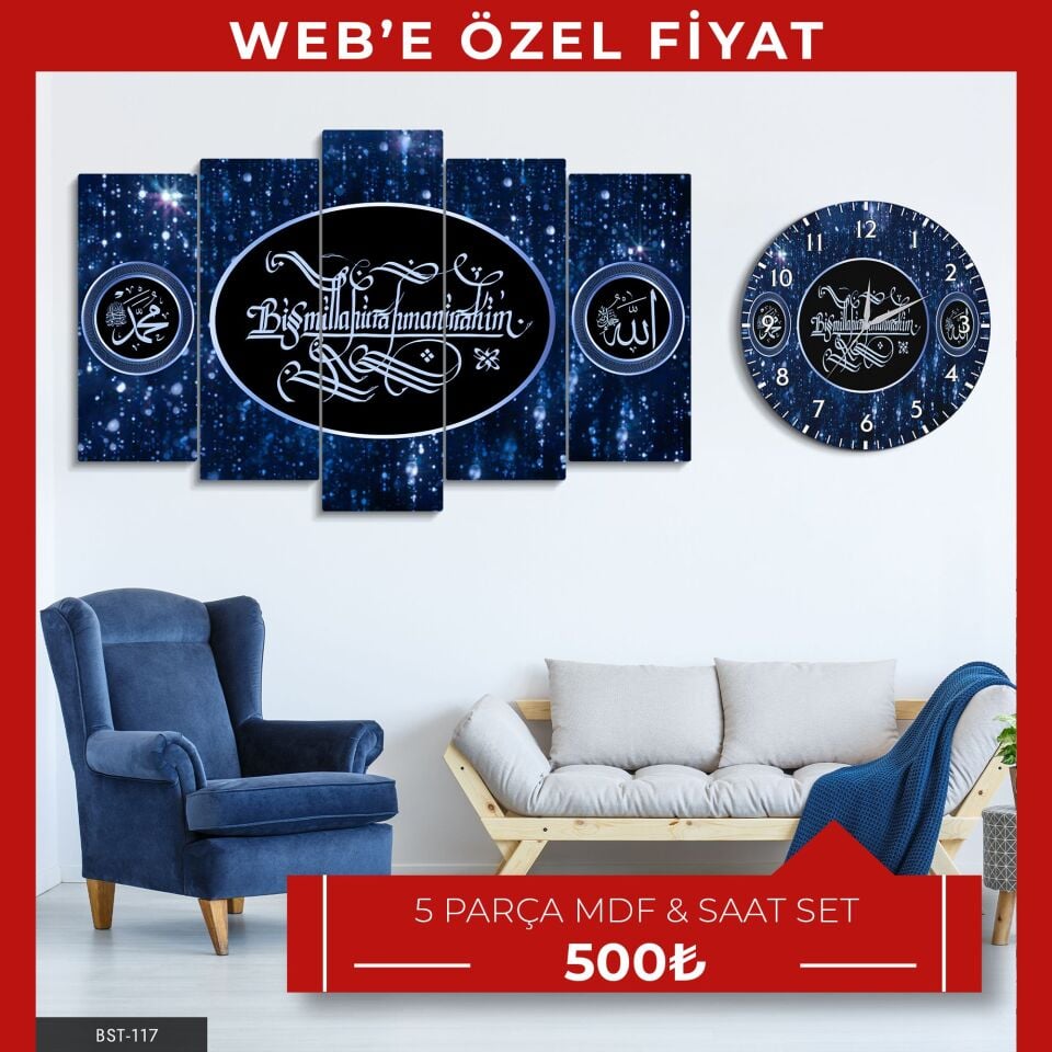 Mavi Besmele Tablo Saat Set | WEB'E ÖZEL FİYAT