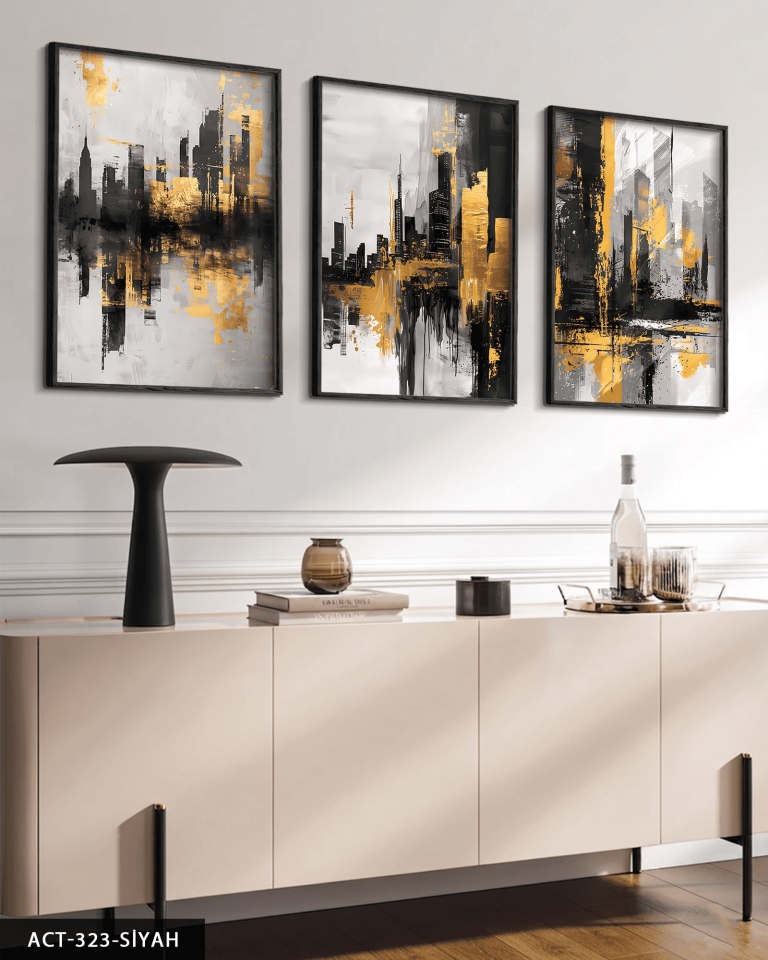 Gold Siyah Soyut Desenler 3 Parça Ahşap Çerçeveli Tablo ACT Siyah - 50 x 70 CM