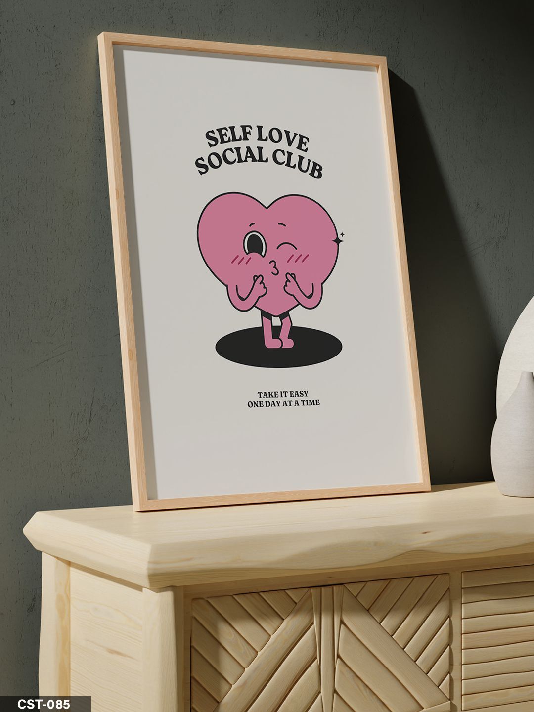Pembe Karakter illüstrasyon Self Love Social Club Tek Parça Ahşap Çerçeveli Tablo Naturel - 20 x 30 CM