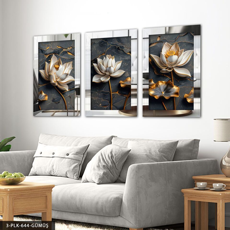 Çiçek 3D Görünümlü Arka Plan 3 Parça Pleksi Aynalı Tablo 40 x 60 CM - Gümüş