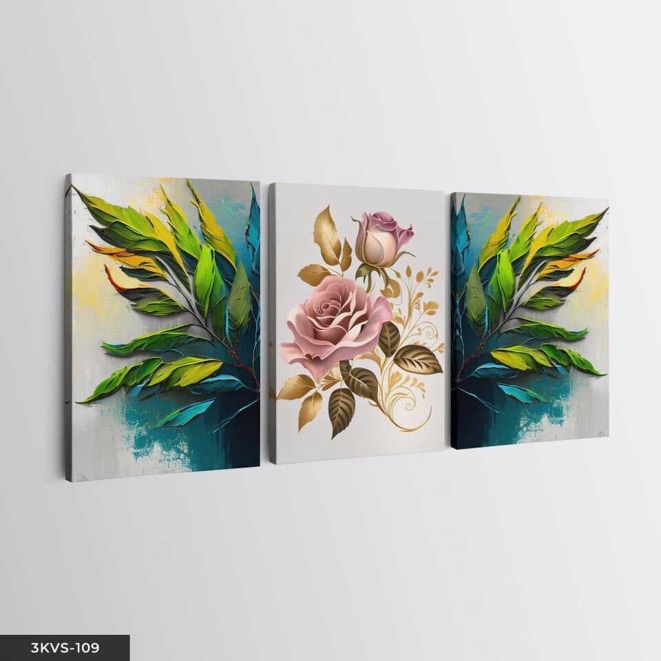 Yeşil Yaprak ve Gül 3 Parça Kanvas - Canvas Tablo 45 x 65 CM