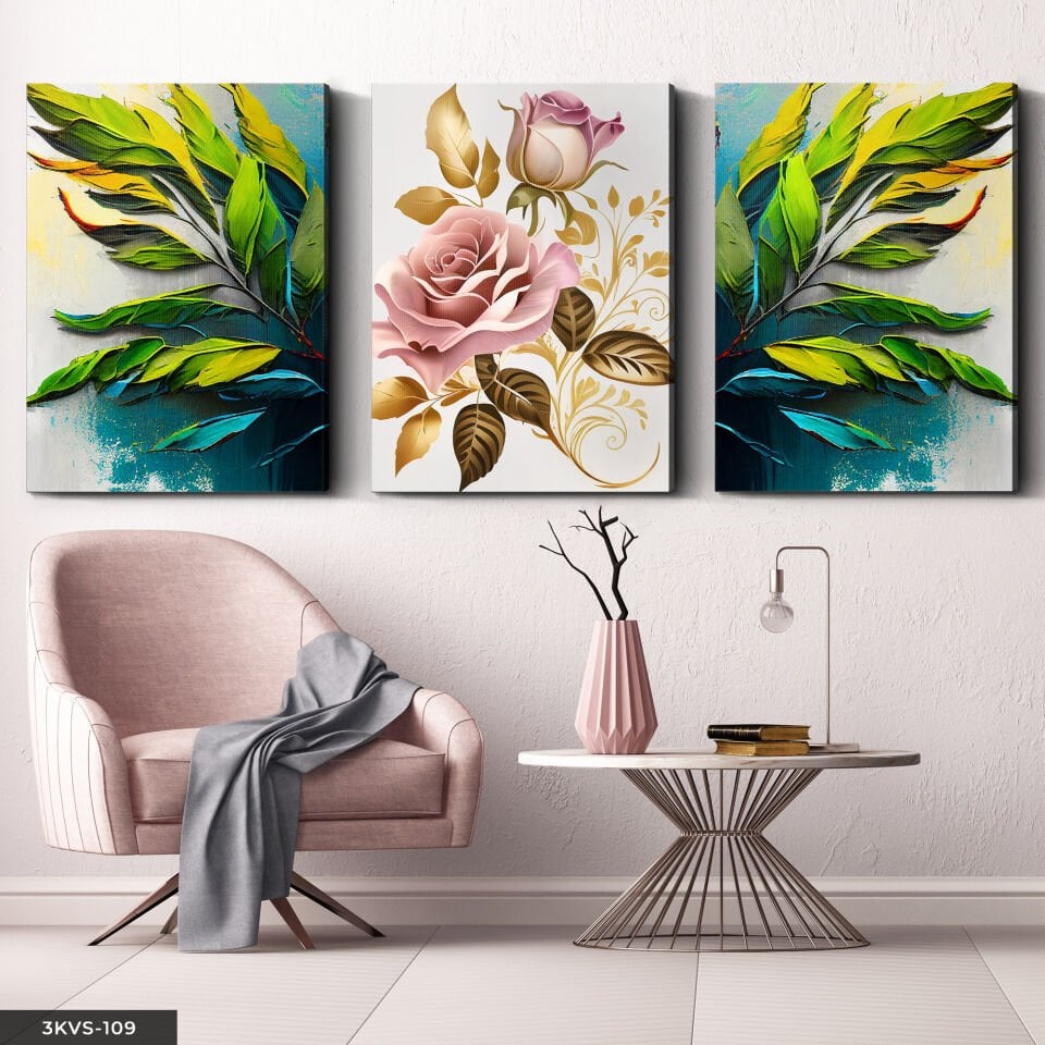 Yeşil Yaprak ve Gül 3 Parça Kanvas - Canvas Tablo 40 x 30 CM