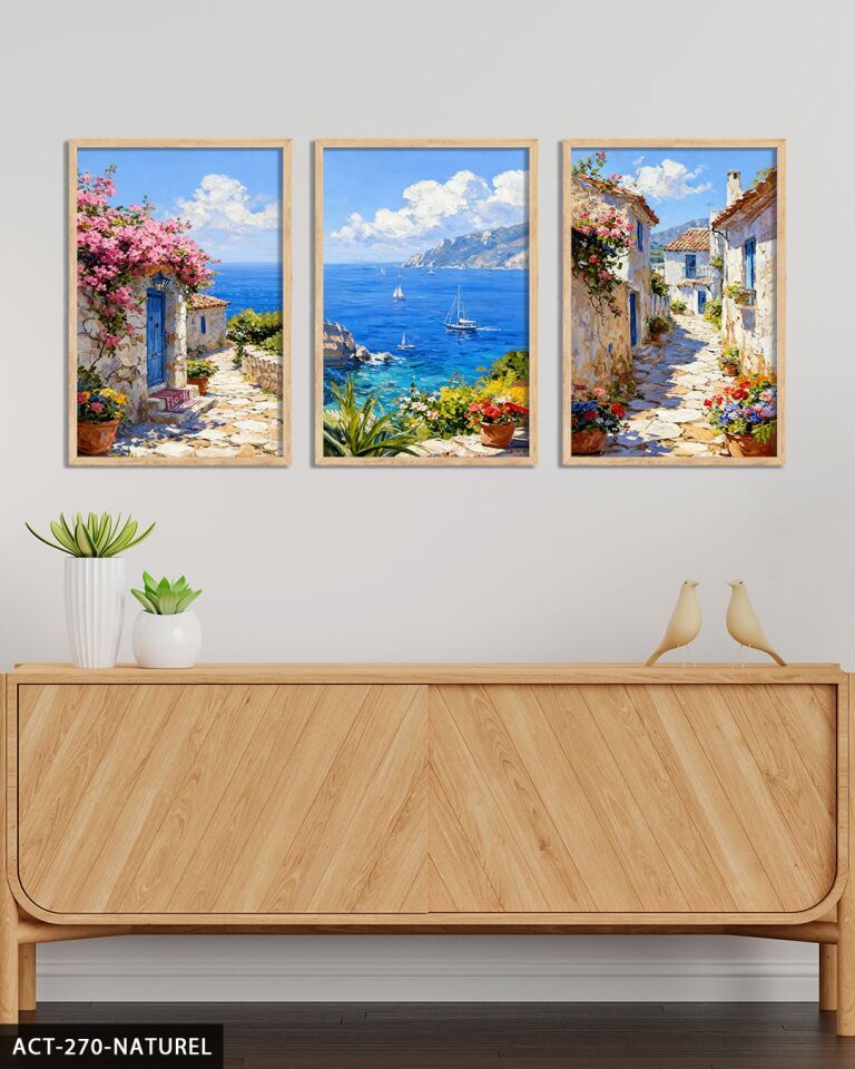 Deniz Manzarası 3 Parça Ahşap Çerçeveli Tablo ACT Naturel - 20 x 30 CM