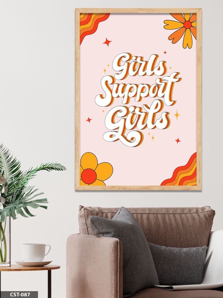 Turuncu Fonlu Girls Support Girls Yazılı Tek Parça Ahşap Çerçeveli Tablo Naturel - 20 x 30 CM