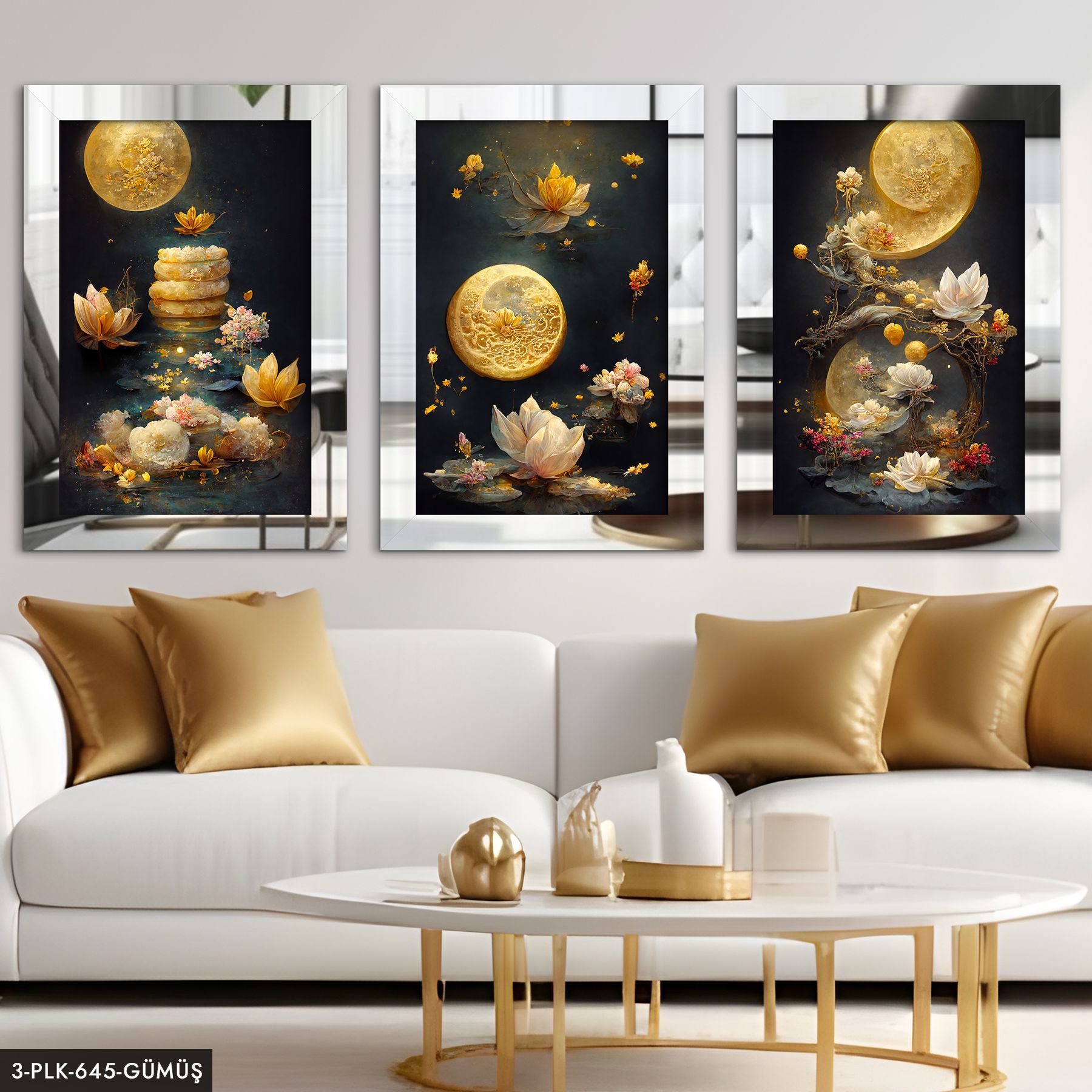 Soyut Sanatsal Tasarım 3 Parça Pleksi Aynalı Tablo 40 x 60 CM - Gümüş