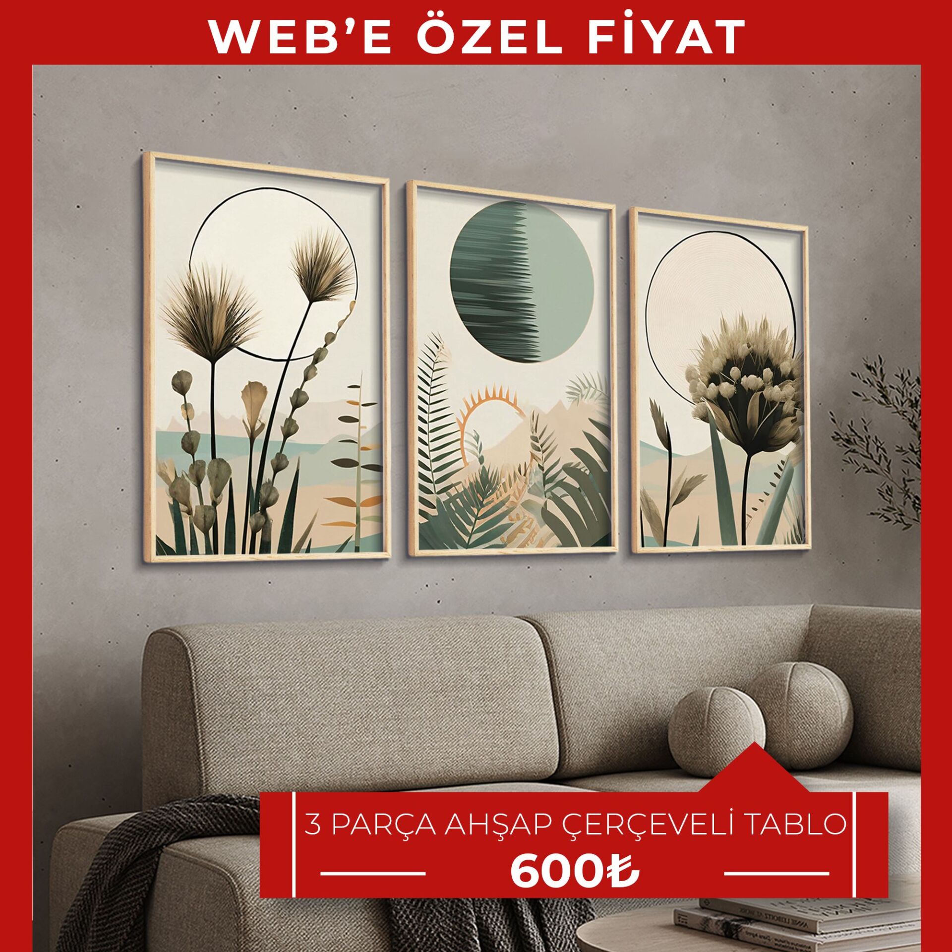 Boho Tarzı Suluboya Görünümlü 3 Parça Ahşap Çerçeveli Tablo | WEB'E ÖZEL FİYAT