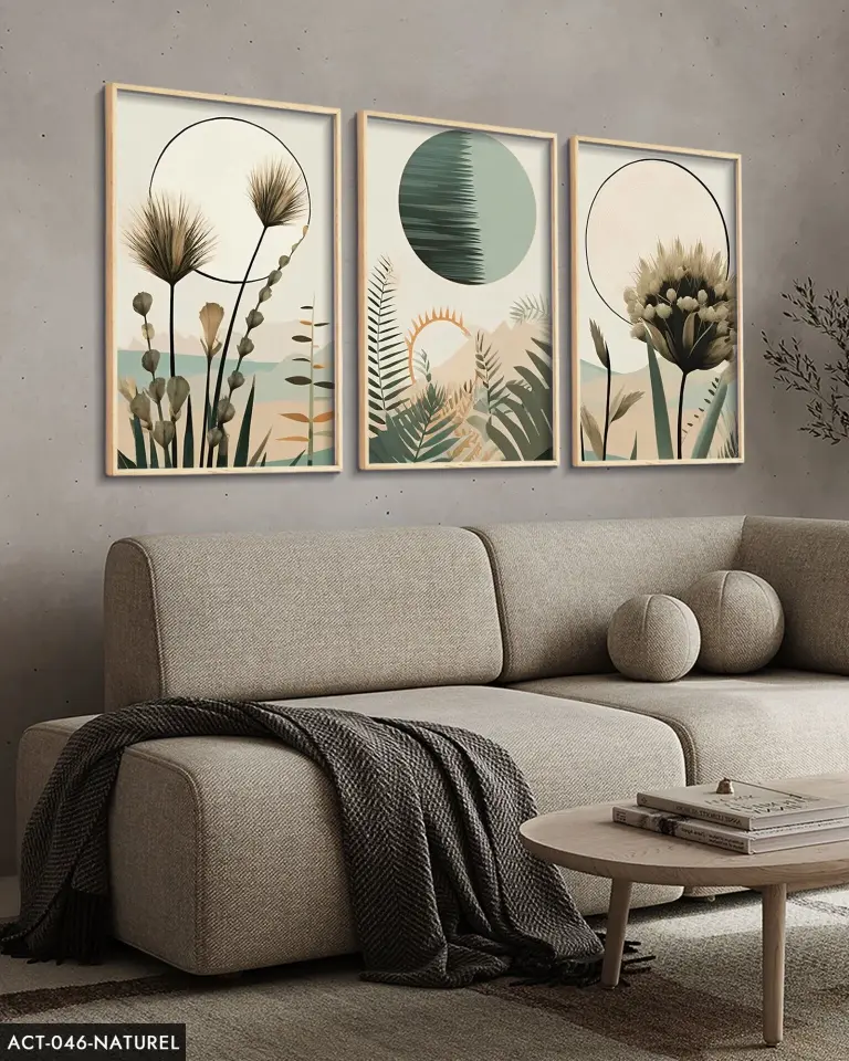 Boho Tarzı Suluboya Görünümlü 3 Parça Ahşap Çerçeveli Tablo | WEB'E ÖZEL FİYAT