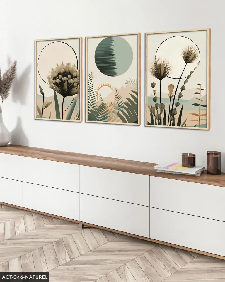 Boho Tarzı Suluboya Görünümlü 3 Parça Ahşap Çerçeveli Tablo | WEB'E ÖZEL FİYAT