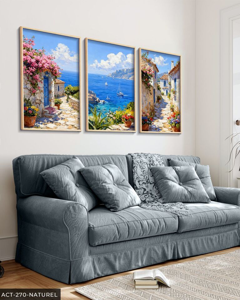 Deniz Manzarası 3 Parça Ahşap Çerçeveli Tablo ACT Naturel - 30 x 40 CM