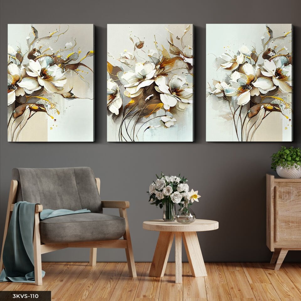 Beyaz Çiçek 3 Parça Kanvas - Canvas Tablo 40 x 30 CM