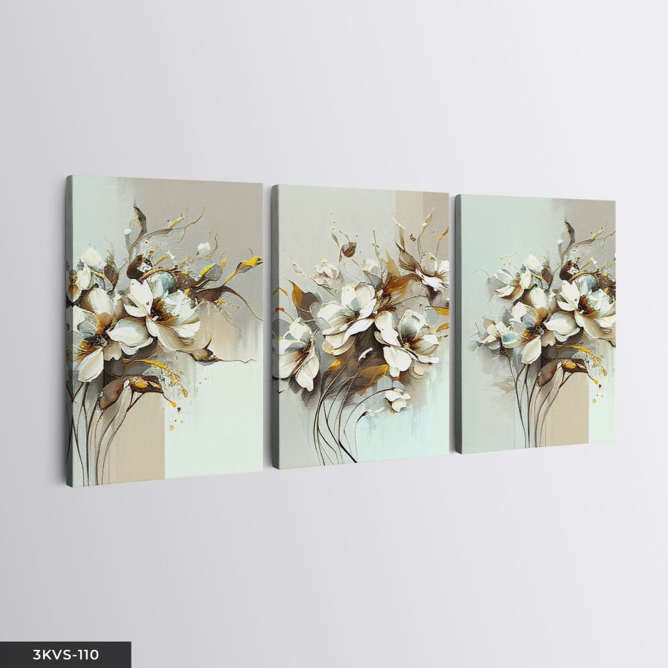 Beyaz Çiçek 3 Parça Kanvas - Canvas Tablo 45 x 65 CM