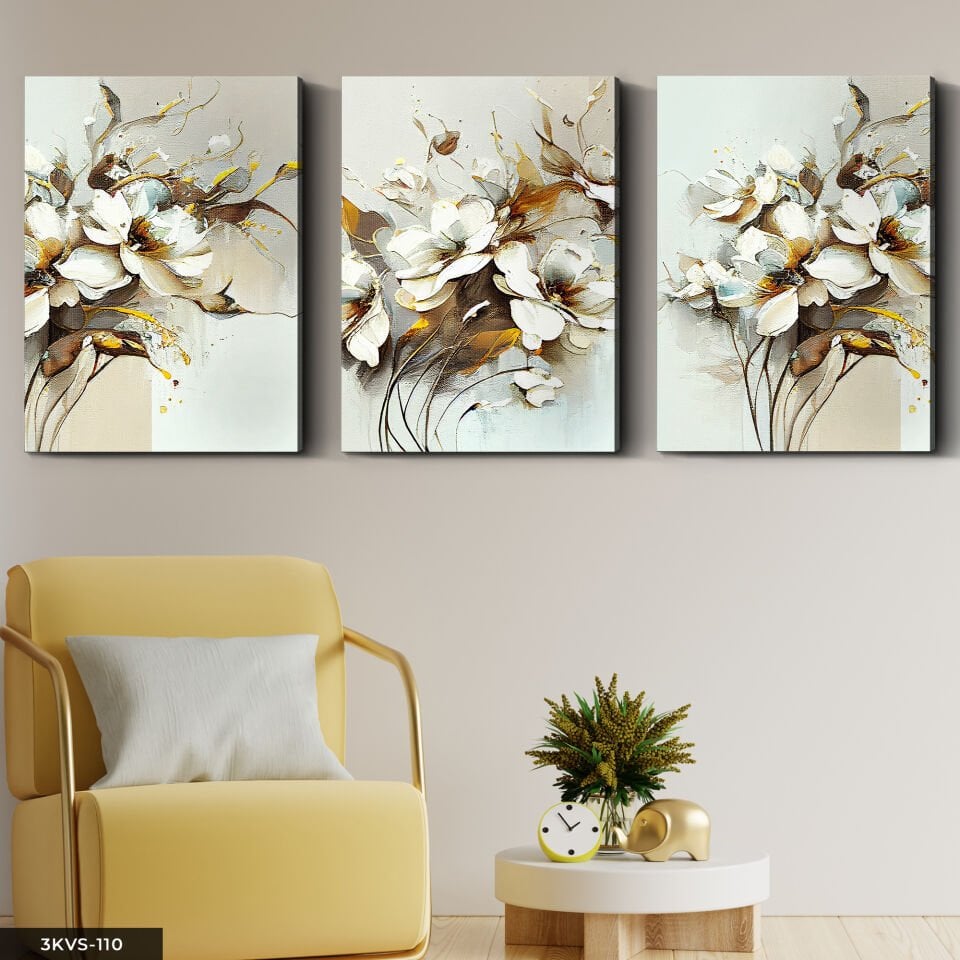 Beyaz Çiçek 3 Parça Kanvas - Canvas Tablo 40 x 30 CM