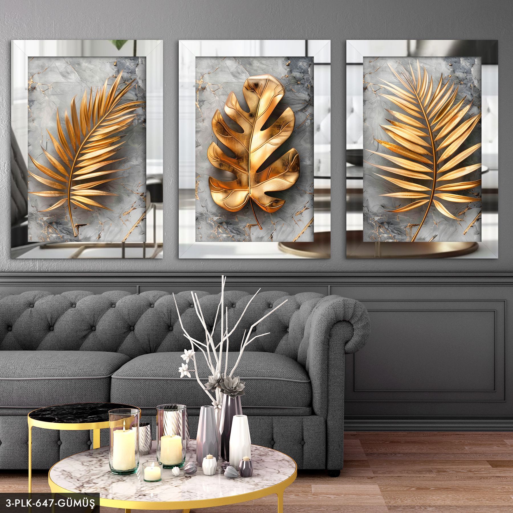 Mermer Desen Arkaplan Gold Yaprak Çiçek 3 Parça Pleksi Aynalı Tablo 40 x 60 CM - Gümüş