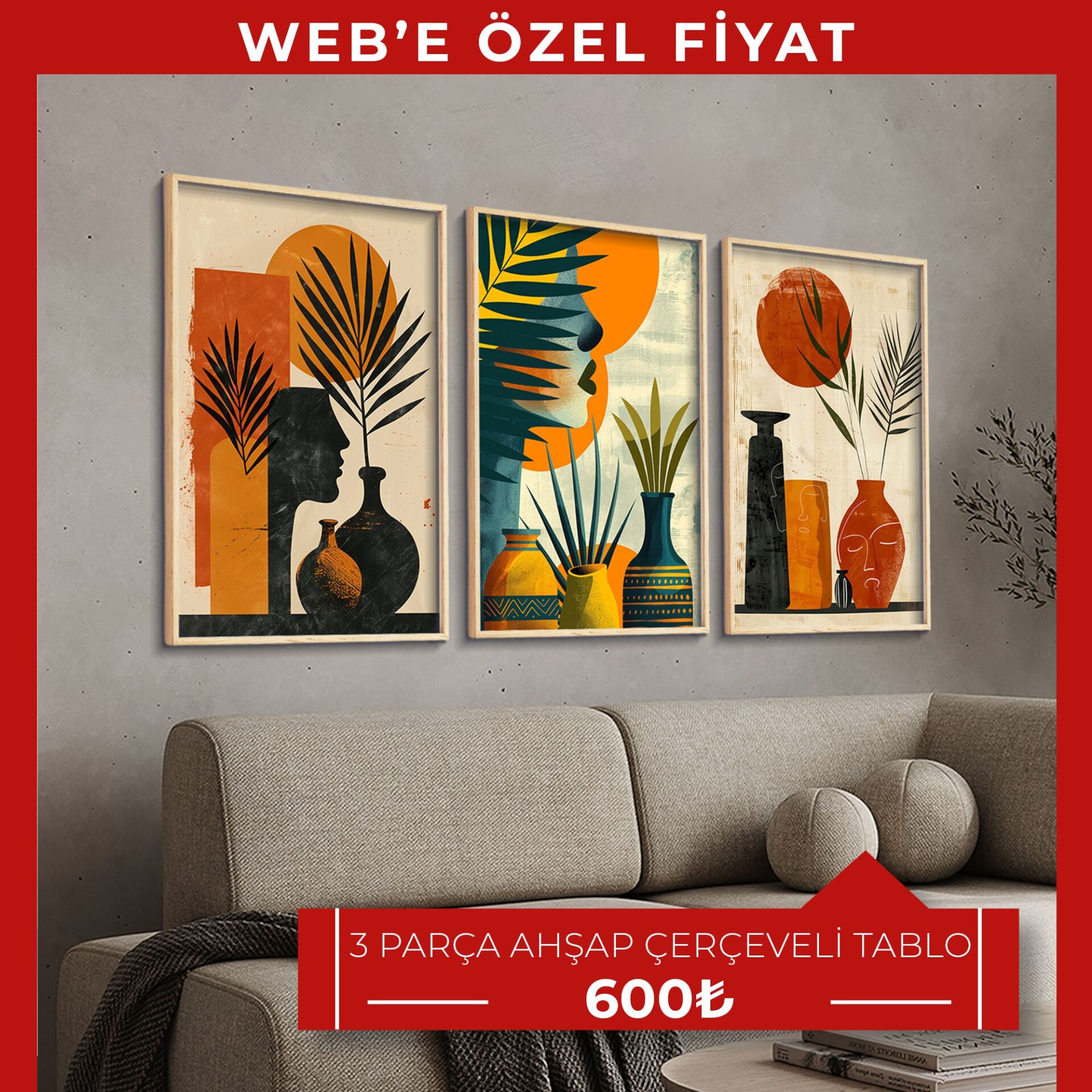 Bohem Tarz Modern 3 Parça Ahşap Çerçeveli Tablo | WEB'E ÖZEL FİYAT