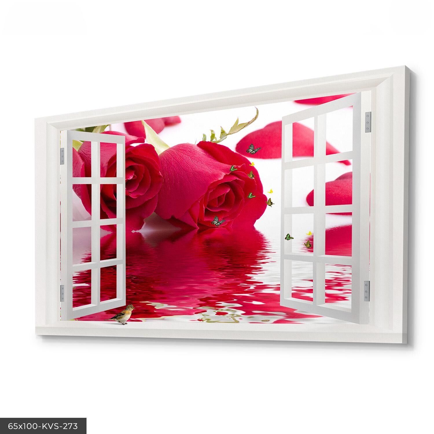 Güllere Açılan Pencere Kanvas - Canvas Tablo 40 x 30 CM - Çok Renkli