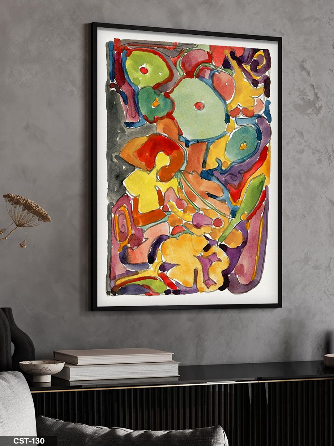 Renkli Figürlü Soyut Tek Parça Ahşap Çerçeveli Tablo Siyah - 30 x 40 CM
