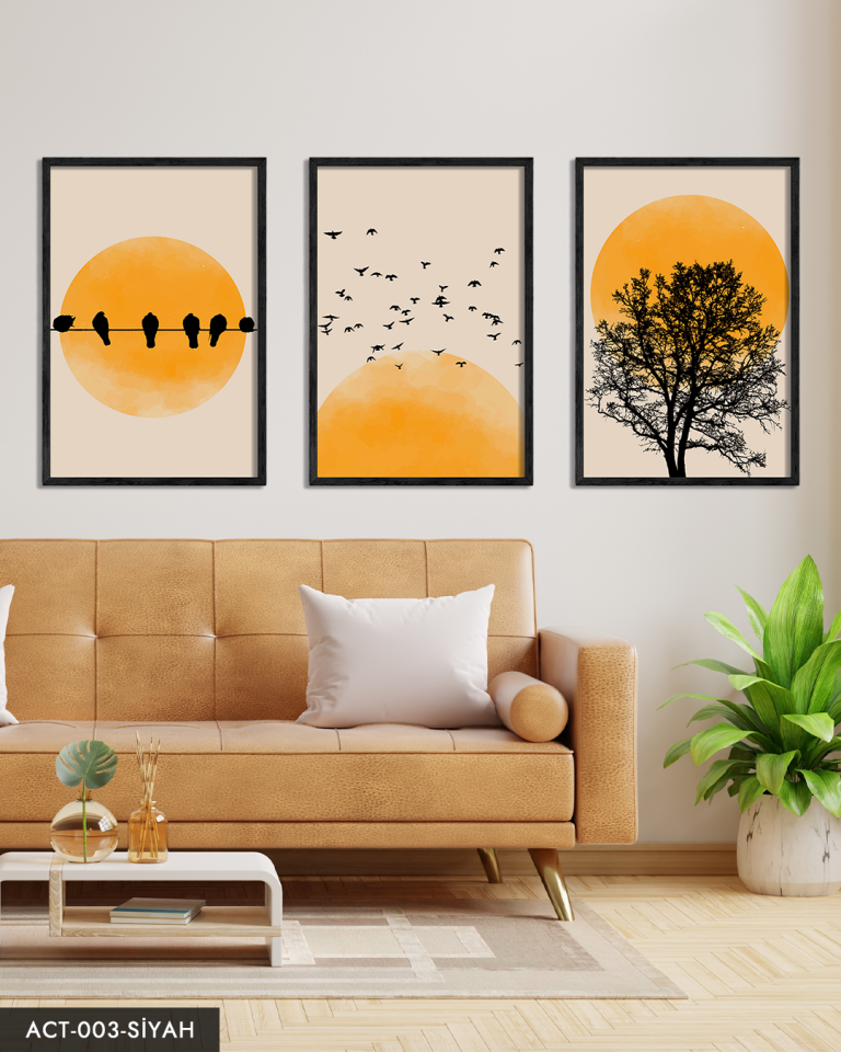 Soyut Doğa Ağaç Kuşlar Güneş 3 Parça Ahşap Çerçeveli Tablo ACT Siyah - 20 x 30 CM