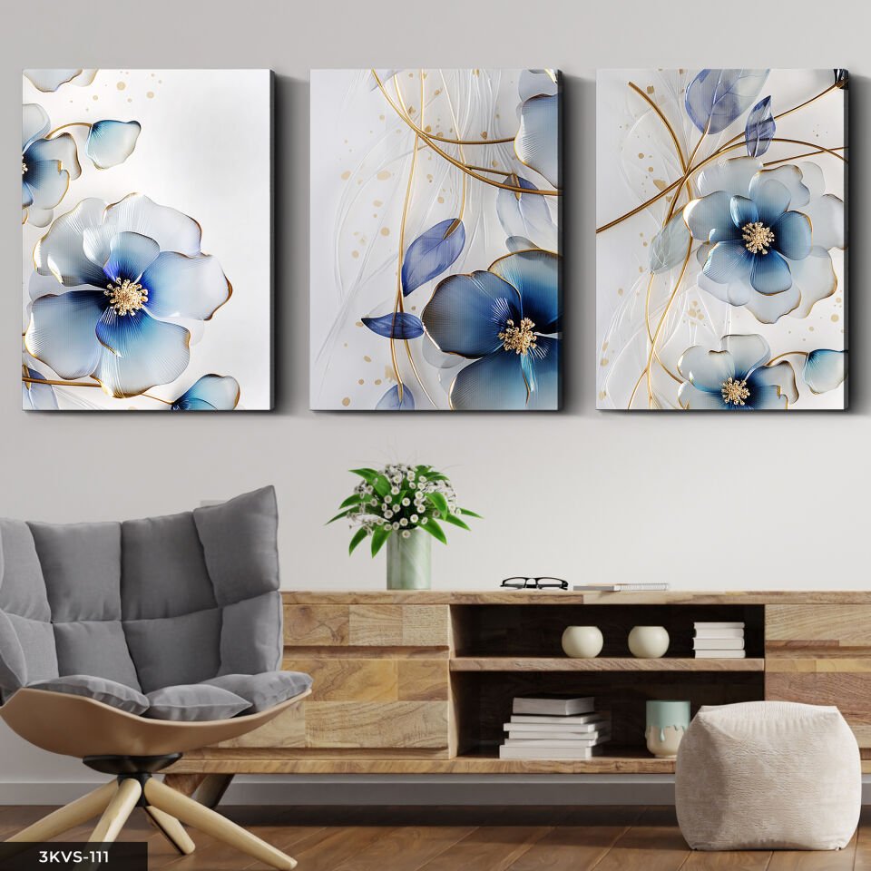 Gold Detaylı Mavi Çiçek 3 Parça Kanvas - Canvas Tablo 40 x 30 CM