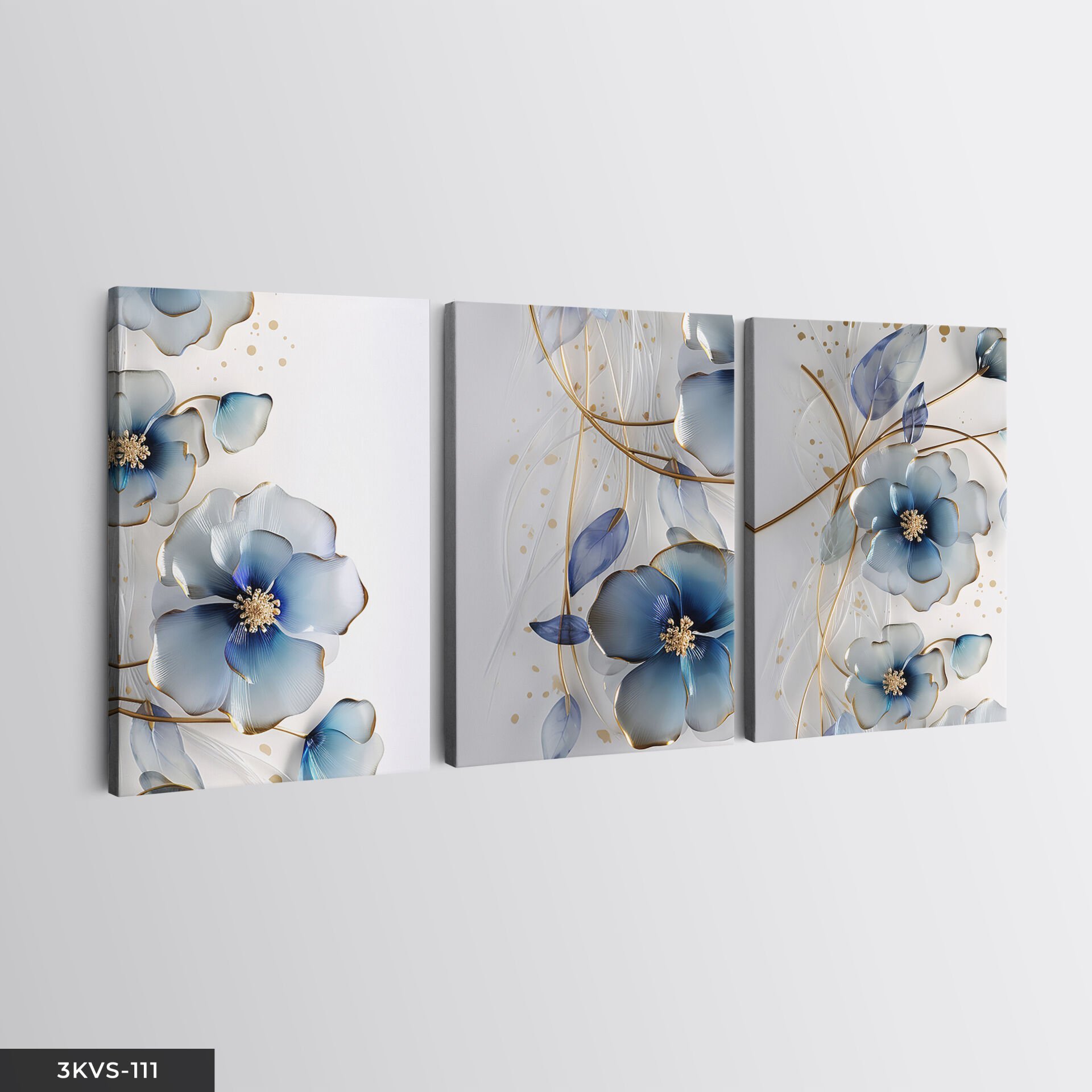 Gold Detaylı Mavi Çiçek 3 Parça Kanvas - Canvas Tablo 40 x 30 CM