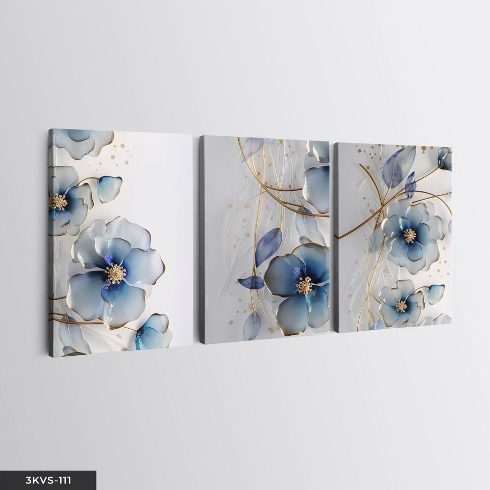 Gold Detaylı Mavi Çiçek 3 Parça Kanvas - Canvas Tablo 45 x 65 CM