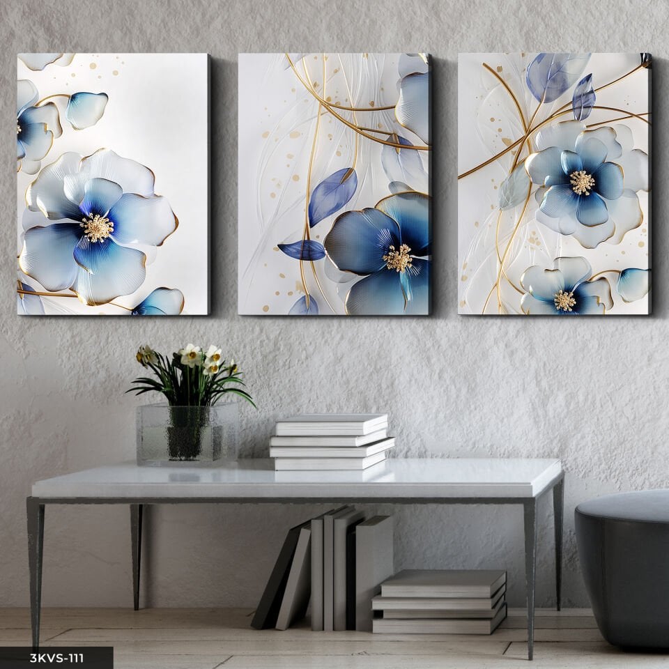 Gold Detaylı Mavi Çiçek 3 Parça Kanvas - Canvas Tablo 40 x 30 CM