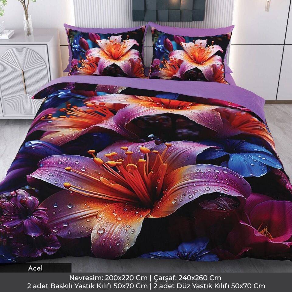 Renkli Çiçekler Dijital Baskılı 3D 3 Boyutlu Çift Kişilik Nevresim Takımı Çift Kişilik