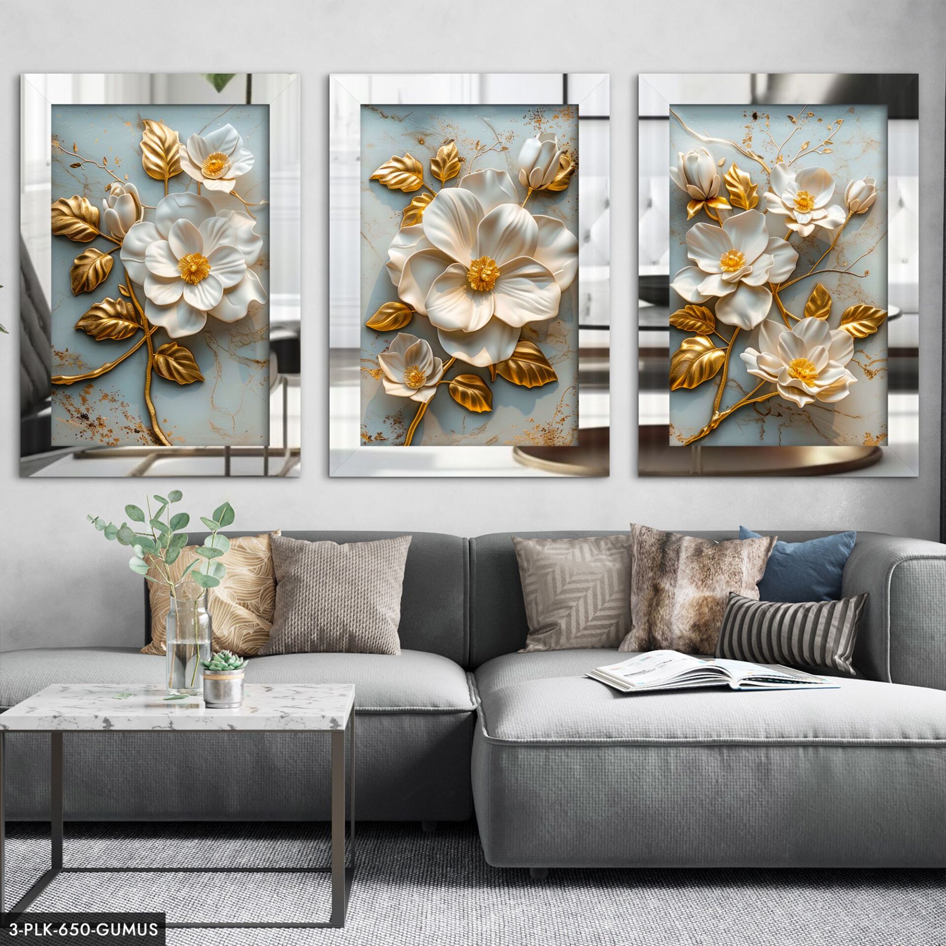 Gold Yapraklı Beyaz Çiçek 3 Parça Pleksi Aynalı Tablo 40 x 60 CM - Gümüş