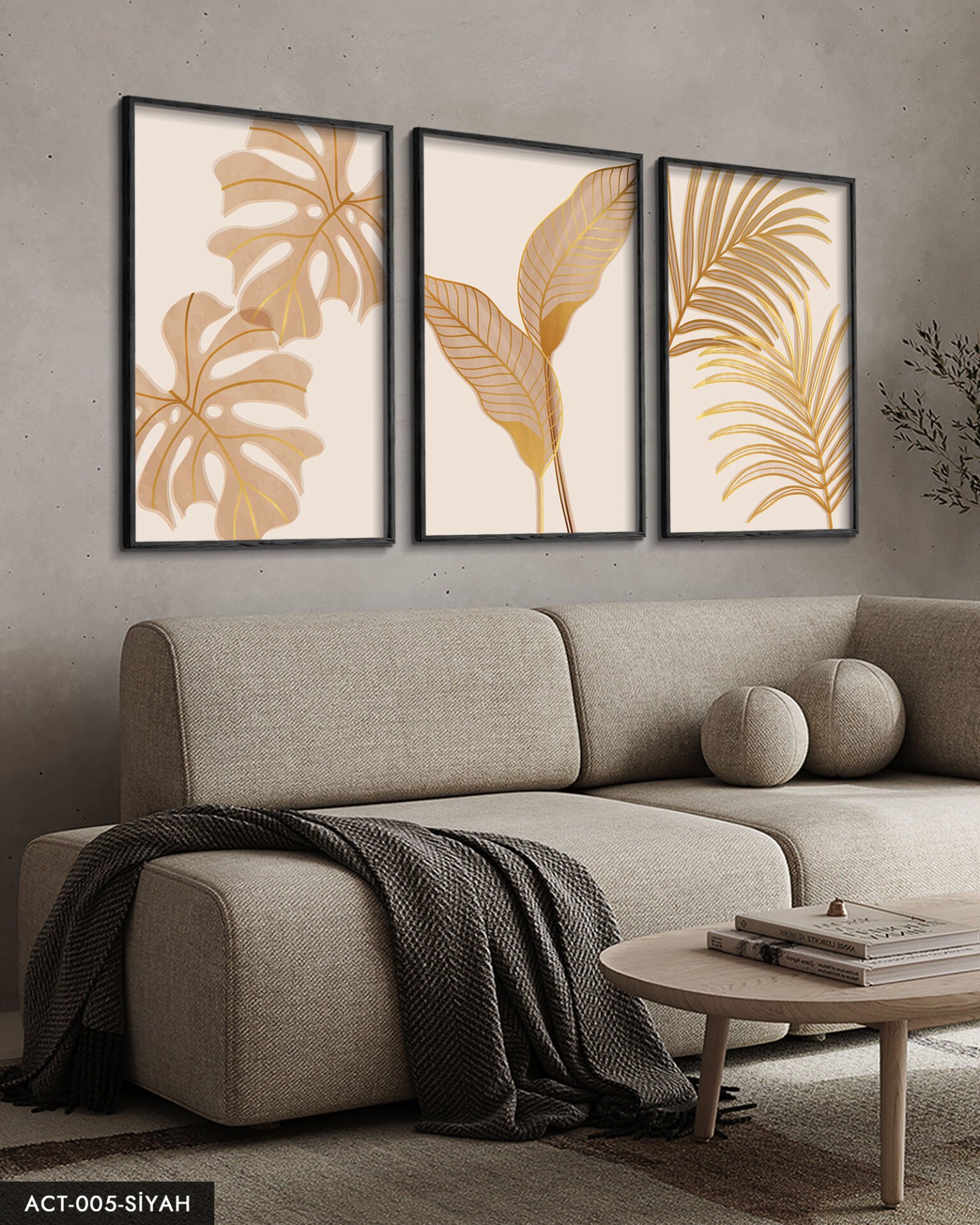 Botanik Altın Yapraklı Çiçek 3 Parça Ahşap Çerçeveli Tablo ACT Siyah - 20 x 30 CM