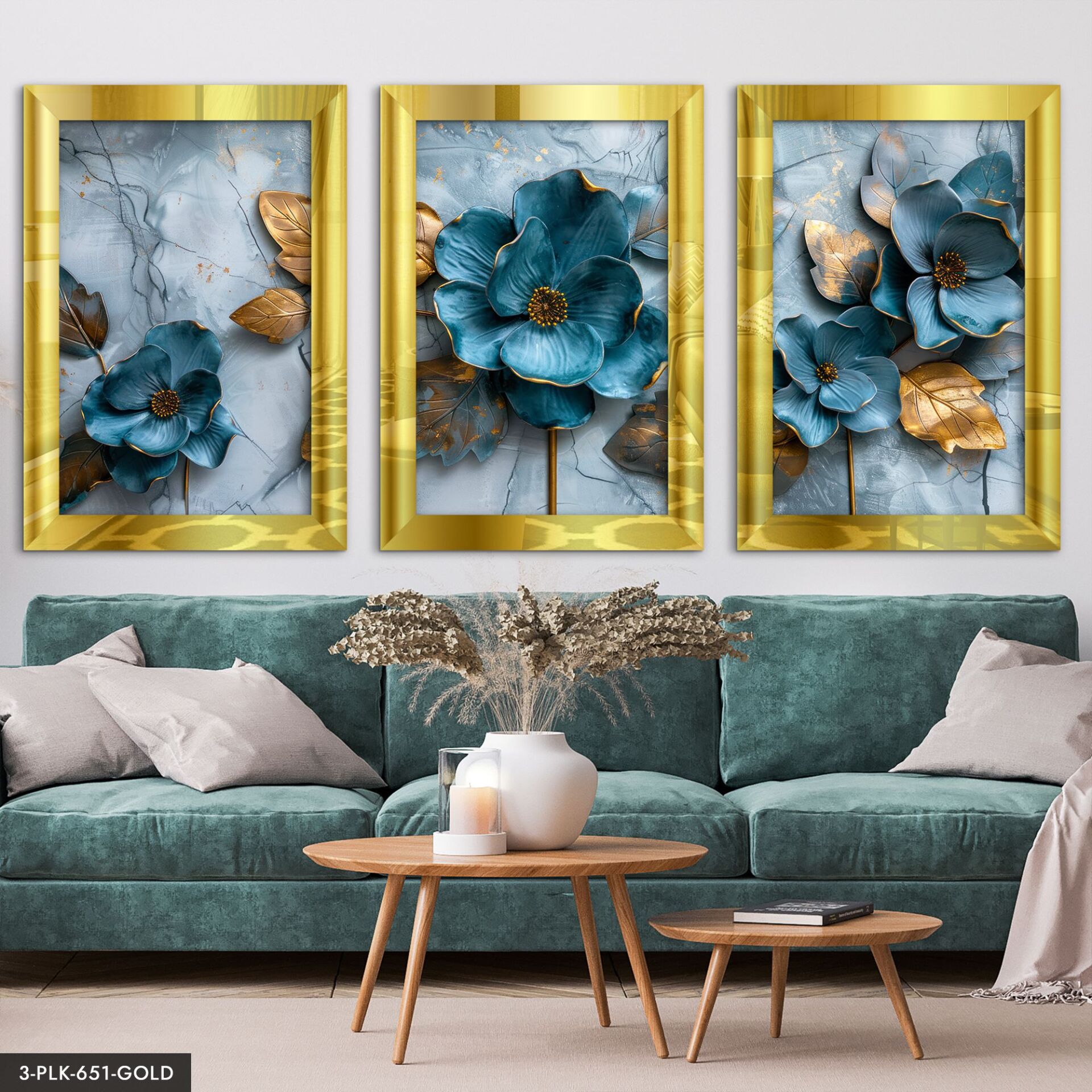 Turkuaz Çiçekler 3 Parça Pleksi Aynalı Tablo 40 x 60 CM - Gold