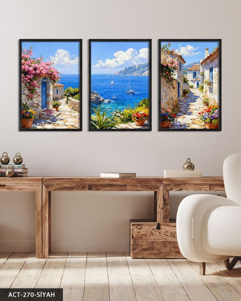 Deniz Manzarası 3 Parça Ahşap Çerçeveli Tablo ACT Siyah - 40 x 60 CM