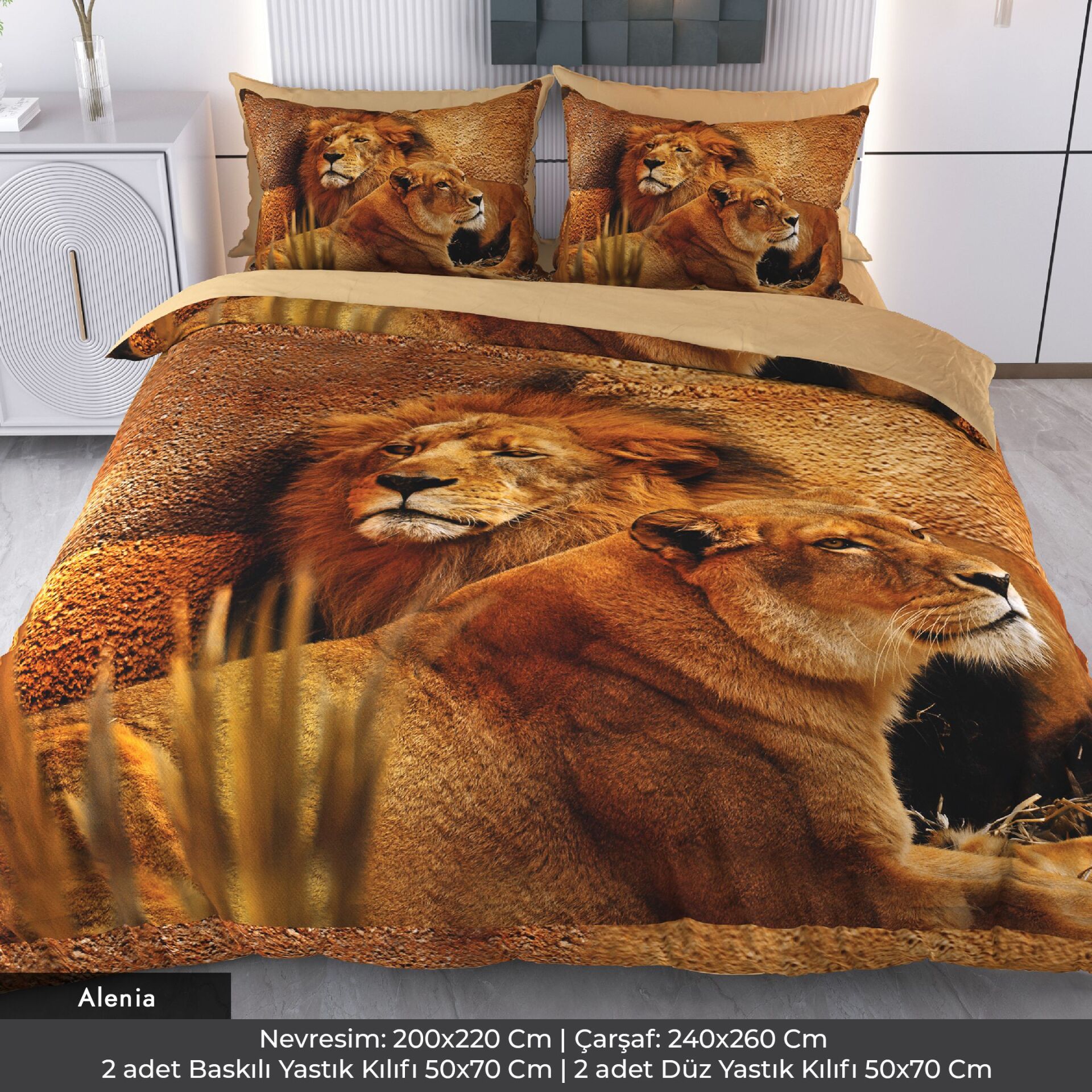 Aslan Dijital Baskılı 3D 3 Boyutlu Çift Kişilik Nevresim Takımı Çift Kişilik