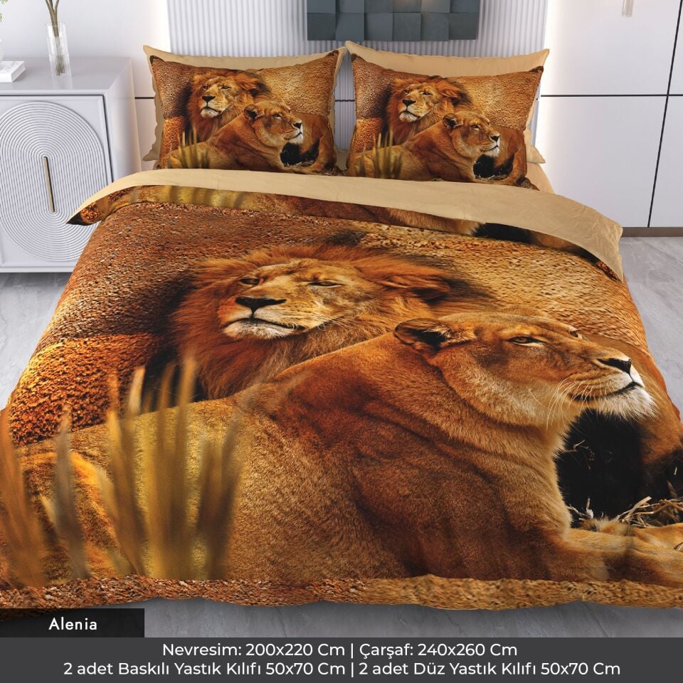 Aslan Dijital Baskılı 3D 3 Boyutlu Çift Kişilik Nevresim Takımı Çift Kişilik