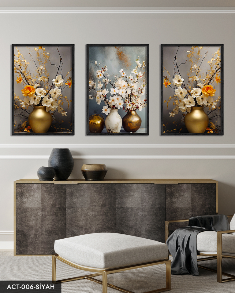 Vazodaki Çiçekler 3 Parça Ahşap Çerçeveli Tablo ACT Siyah - 20 x 30 CM