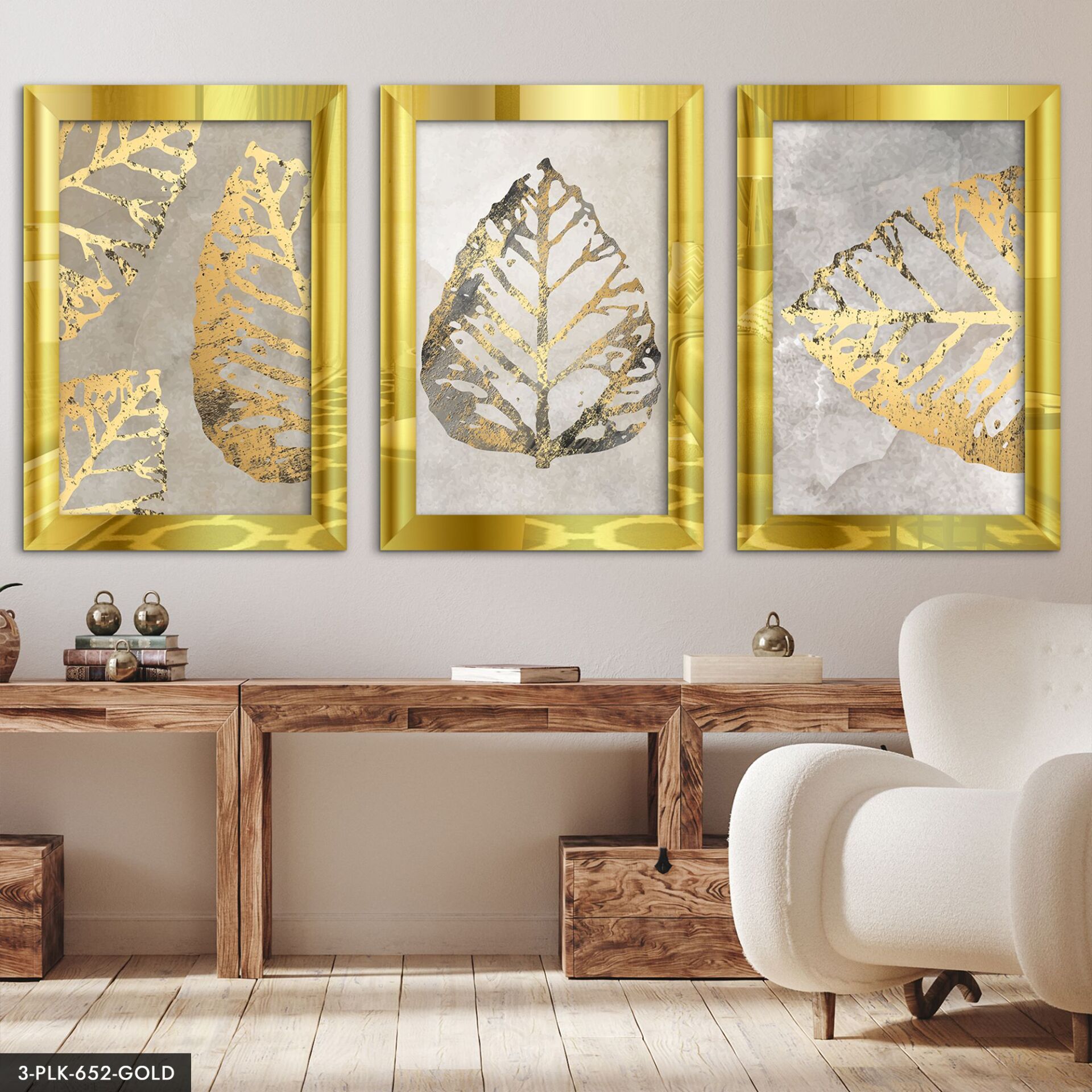 Gold Yaprak 3 Parça Pleksi Aynalı Tablo 40 x 60 CM - Gold