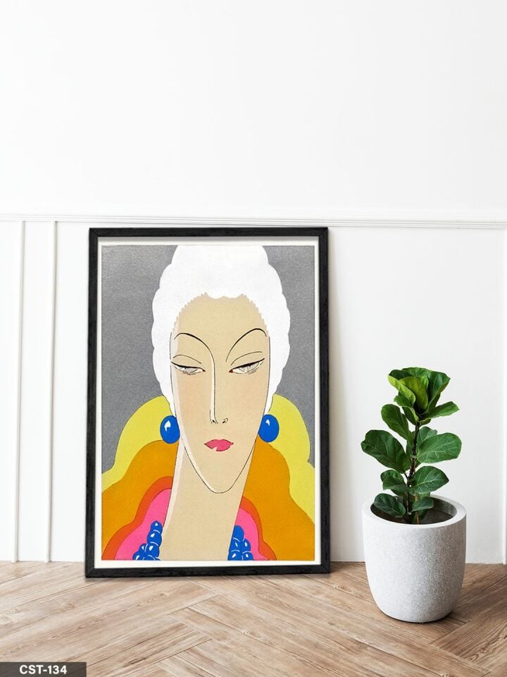 Renkli Yüz Portresi illüstrasyon Tek Parça Ahşap Çerçeveli Tablo Siyah - 30 x 40 CM