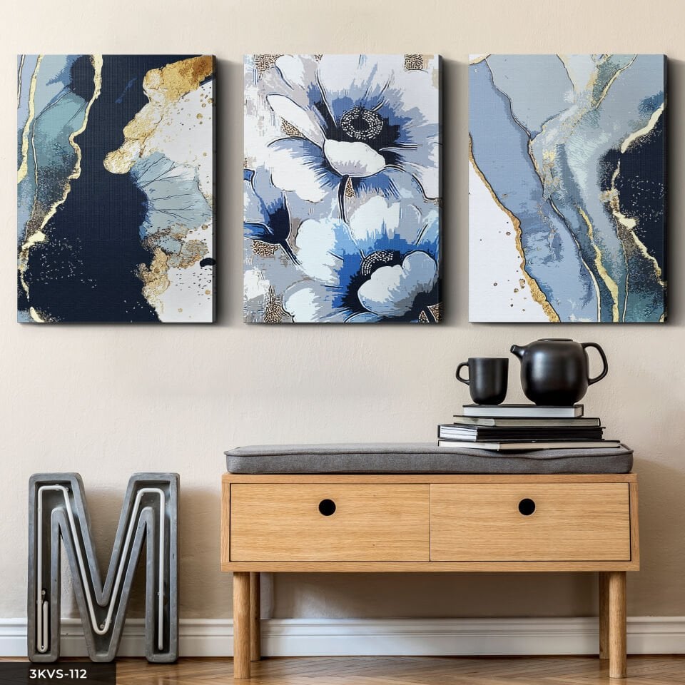 Mavi Çiçek ve Soyut Sanat 3 Parça Kanvas - Canvas Tablo 40 x 30 CM