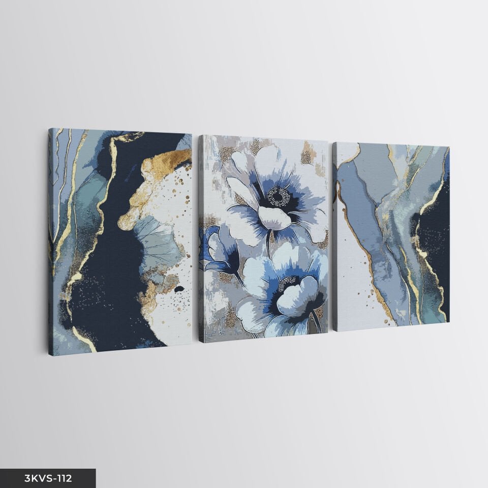 Mavi Çiçek ve Soyut Sanat 3 Parça Kanvas - Canvas Tablo 45 x 65 CM