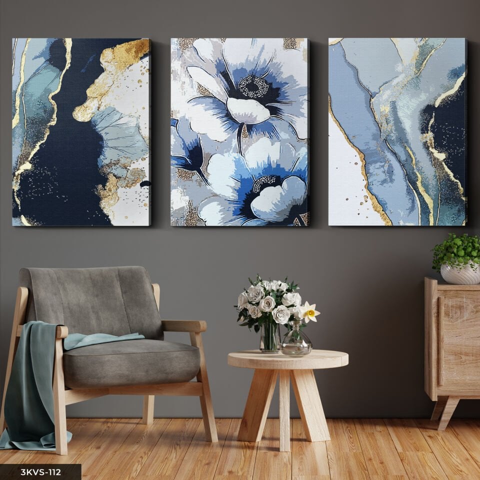 Mavi Çiçek ve Soyut Sanat 3 Parça Kanvas - Canvas Tablo 40 x 30 CM