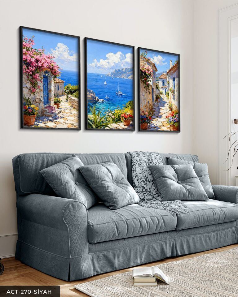 Deniz Manzarası 3 Parça Ahşap Çerçeveli Tablo ACT Siyah - 50 x 70 CM