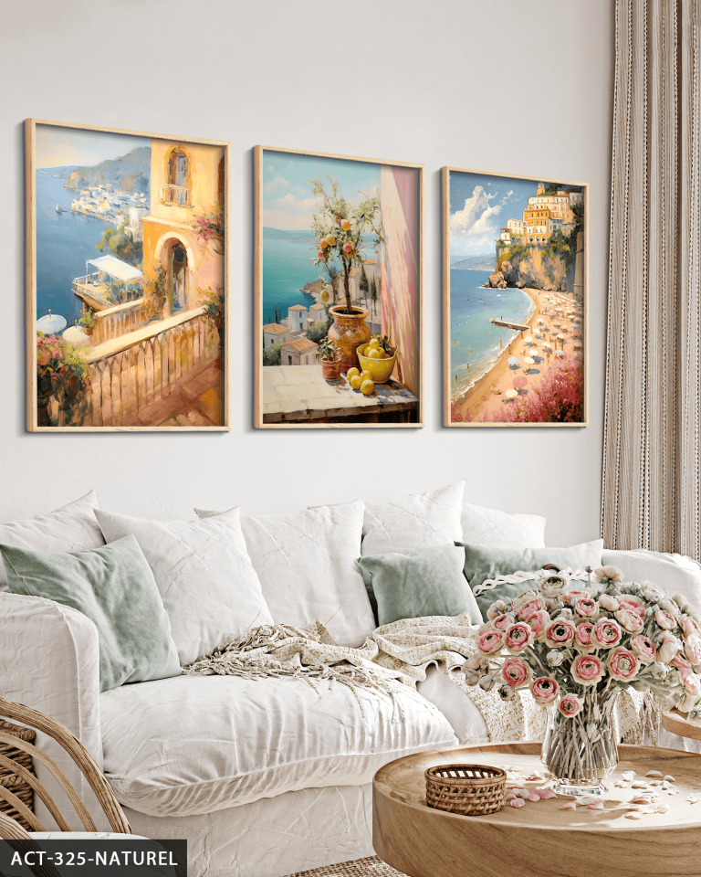 Deniz Manzaralı Balkonlar 3 Parça Ahşap Çerçeveli Tablo ACT Naturel - 40 x 60 CM