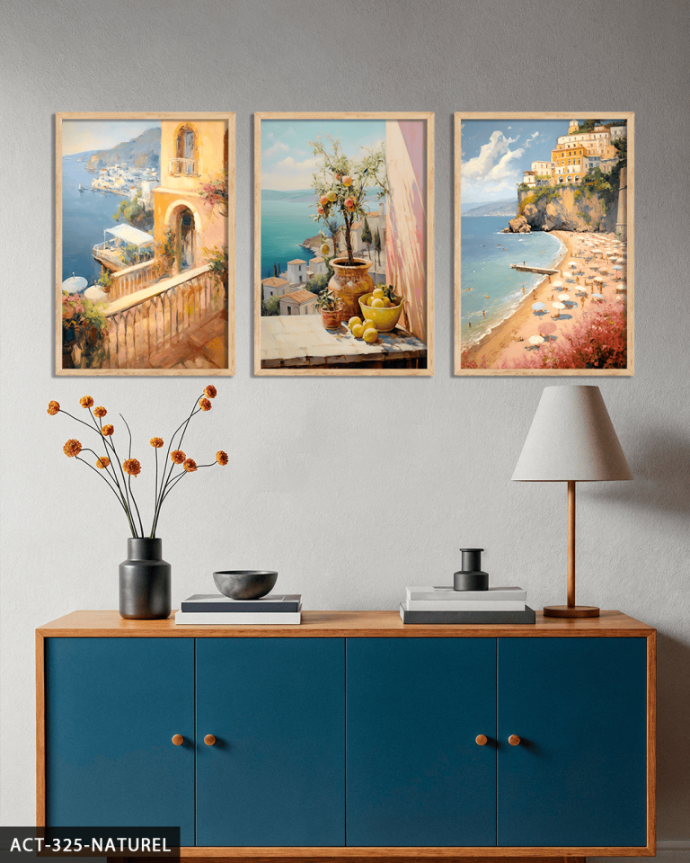 Deniz Manzaralı Balkonlar 3 Parça Ahşap Çerçeveli Tablo ACT Naturel - 40 x 60 CM